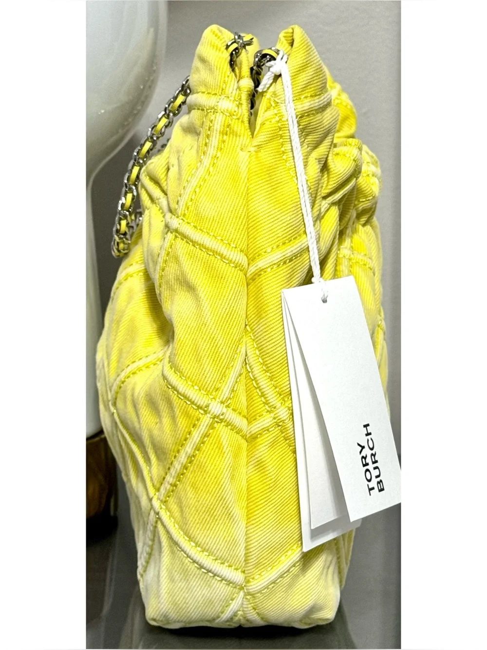 TORY BURCH MINI FLEMING SOFT QUILTED DENIM HOBO BAG, YELLOW